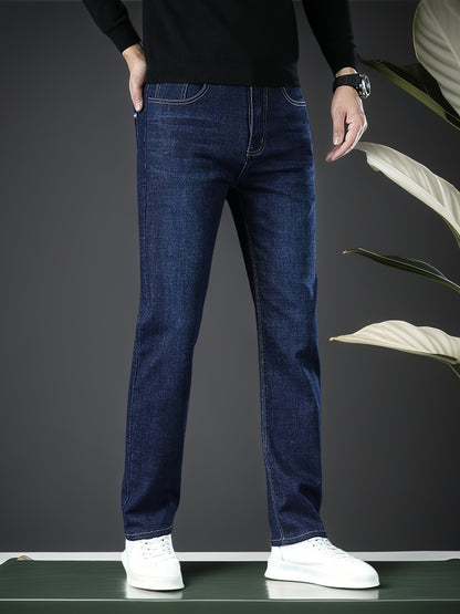 Men's Classic Business Casual Jeans - Versatile All-Season Denim, Regular Fit, Solid Blue with White Stitching Details, Polyester Blend, Machine Washable, Everyday Denim|Classic Jean Design|Polyester Blend Denim