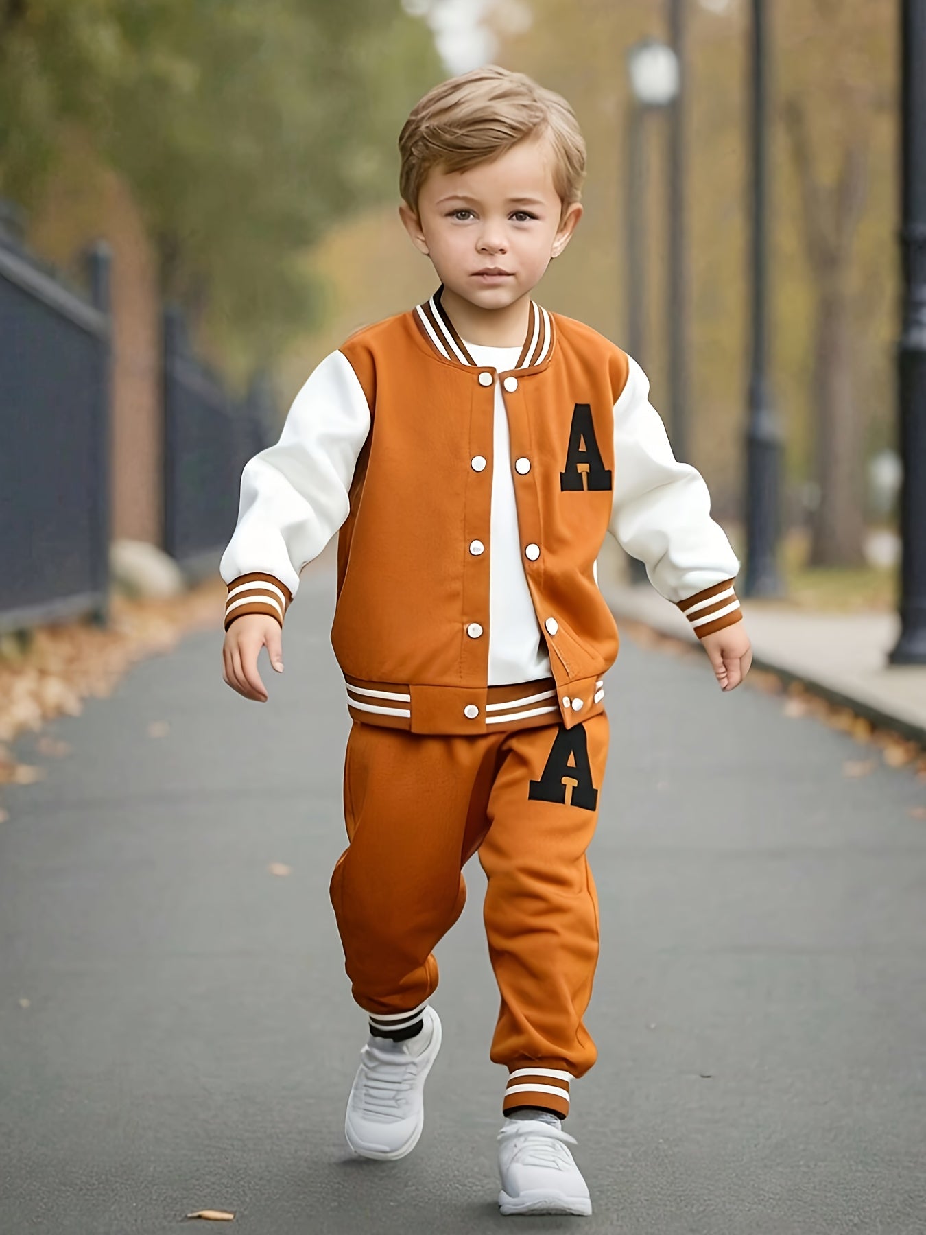 Boys' 2pcs Fall/Winter Casual Polyester Knit Baseball Suit with Long Sleeve Crew Neck Jacket and Matching Pants, Alphabet Print, Regular Fit - Button Detail, for Outdoor