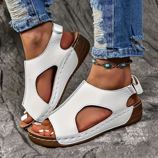 Women's Retro Wedge Sandals | Open Toe, Comfortable, Faux Cover, Hook-and-loop Strap | White with Brown Sole