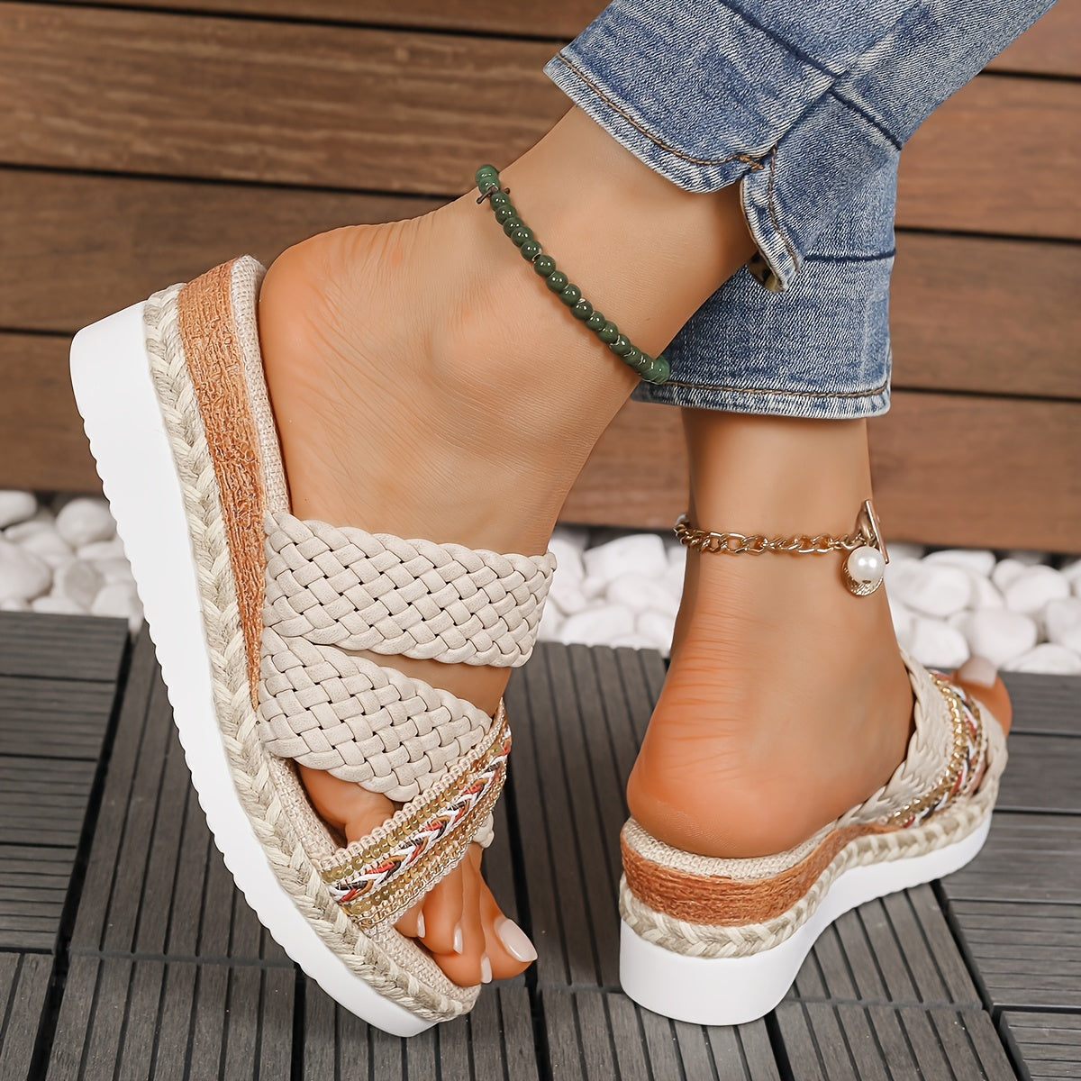 Casual Comfort Wedge Summer Sandals - Women's Platform Slip On Braided Walking Vacation Shoes