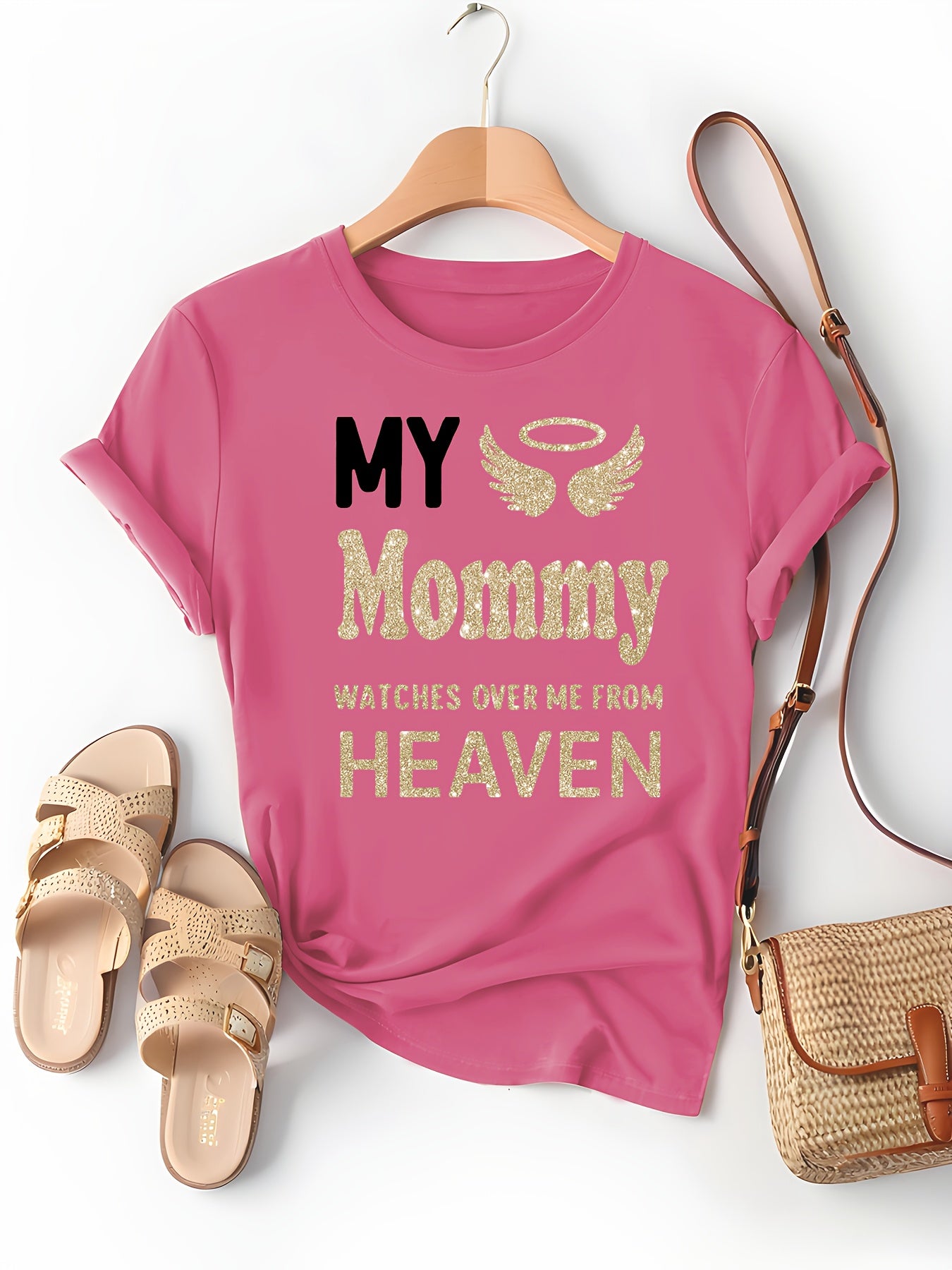 Women'S "My Mommy Watches Over Me from Heaven" Graphic T-Shirt - Casual Crew Neck, Short Sleeve, Comfortable Knit Top, Machine Washable, Ideal for Outdoor Activities and Casual Attire, Ladies T Shirts