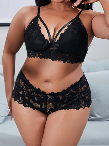 Women's Plus Size Sexy Lingerie Set - Floral Appliques Bow Knot Strappy Lace Bra & Panty - For Curvy Women - Perfect for Romantic Occasions - Ideal Gift for Her