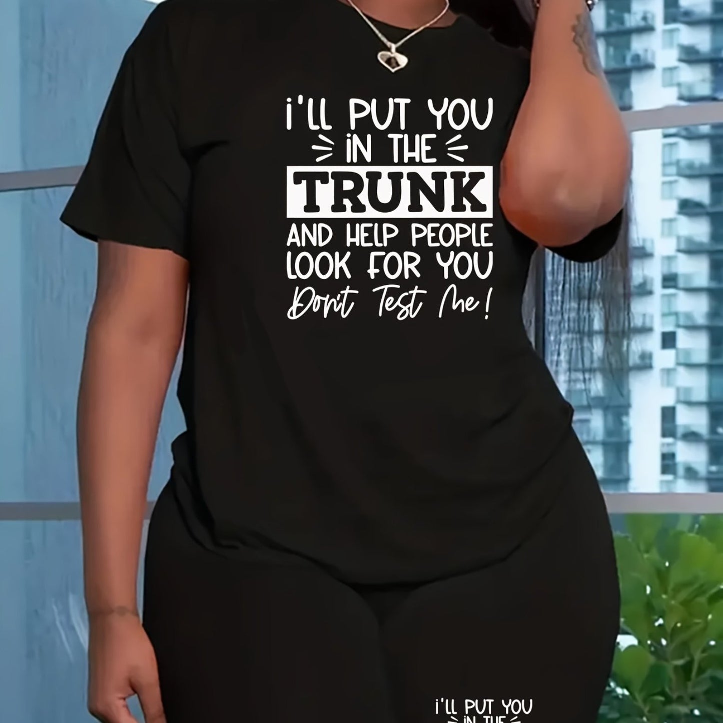 Women'S Plus Size Casual Black T-Shirt "I'd Put You In The Trunk" Funny Print, Short Sleeve, Round Neck, Machine Washable