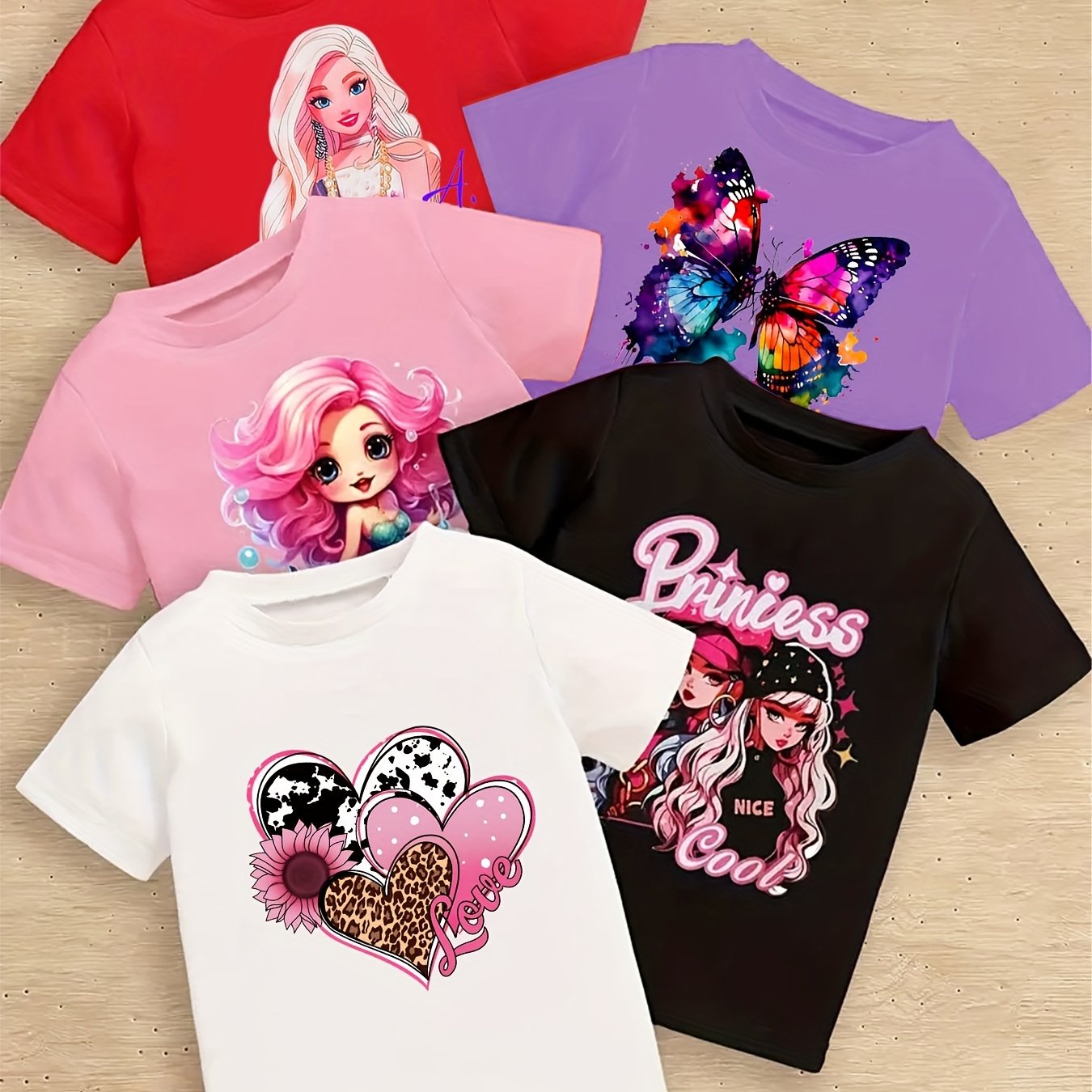 5pcs Vibrant Cartoon & Butterfly Graphic Tees for Girls - Comfy Polyester Blend, Short Sleeve Crew Neck T-Shirts with Heart-Shaped Dye Design - Perfect for Summer