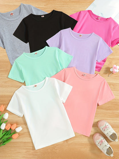 7-Piece Set of Girls' Solid Short-Sleeved T-Shirts: Perfect for Summer Outdoors - Gray, Black, Light Purple, Pink, Fuchsia, Light Green, and Beige