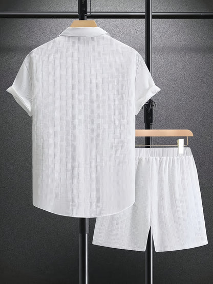 Men'S Summer Casual 2pcs Outfit Set - Polyester 100% Slim Fit Short Sleeve Button-Up Shirt with Lapel Collar & Matching Shorts, Regular Length, Woven Fabric, Slight Stretch, Solid Color - Outdoor Activity Wear