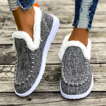 Women's Cozy Winter Slip-On Loafers - Plush Lining, Warm Denim Blue, EVA Sole, Round Toe, Fluffy Fur Trim for Casual Winter Style