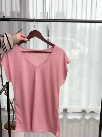 Three Solid Color V-Neck T-Shirts, Casual Short-Sleeve T-Shirts for Spring And Summer, Women'S Clothing.