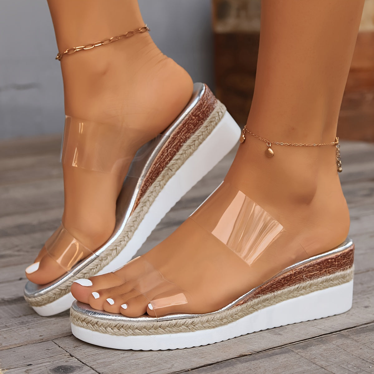 [Small Height Increase Heels Sandals] Fashionable Transparent Single-word Thick-soled Slope Heel Sandals For Women, New Style In Summer, Sponge Cake Style, Small Height Increase, Casual High Heels.