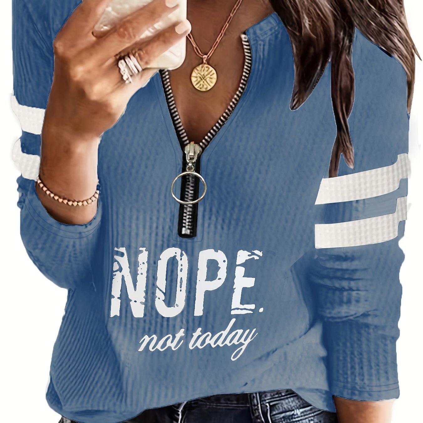 Women's "Nope Not Today" Stripe & Letter Print Zip-Up V-Neck T-Shirt - Casual Long Sleeve Top with Metal Detail, Machine Washable, Polyester Blend, Perfect for Spring & Fall