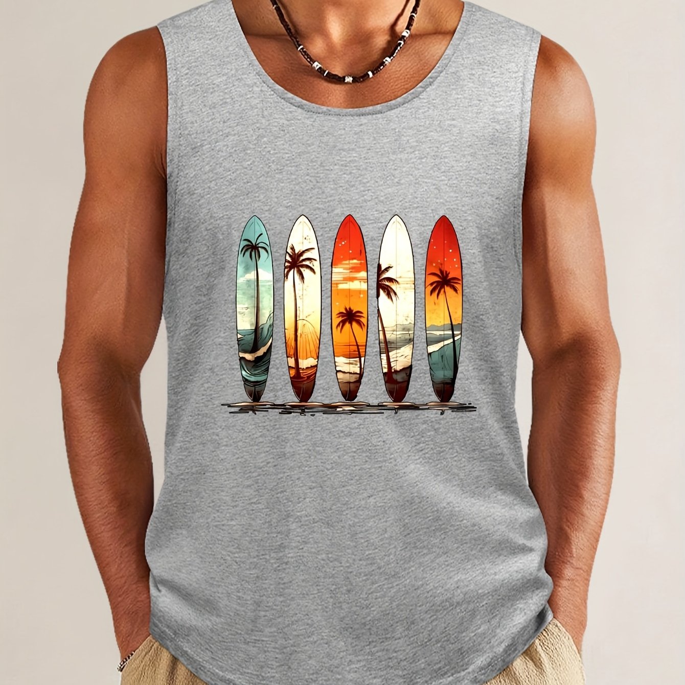 Men's Cotton Graphic Tee - Comfy, Casual, Sleeveless Tank Top with Beach Palm Trees Print for Summer Outdoor Wear