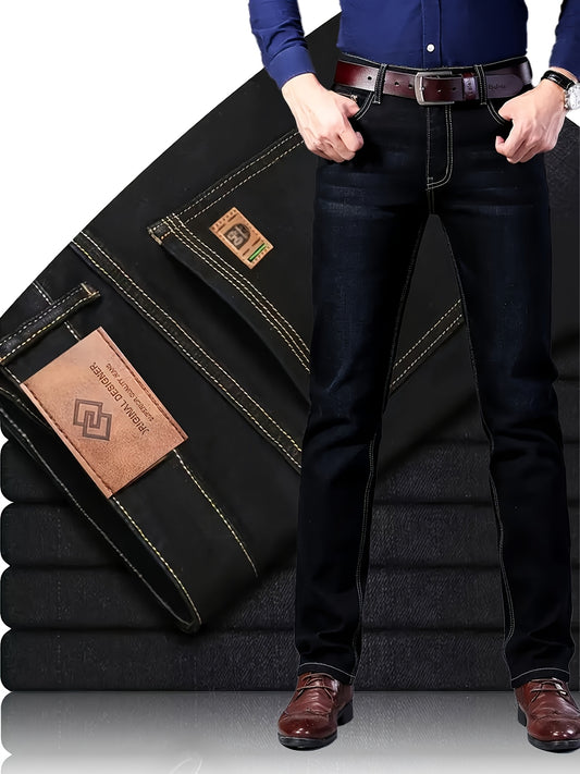 [Machine Washable] Men's Classic Straight-Leg Jeans - Polyester Blend, Machine Washable - Black with Stitching Details for Business Casual