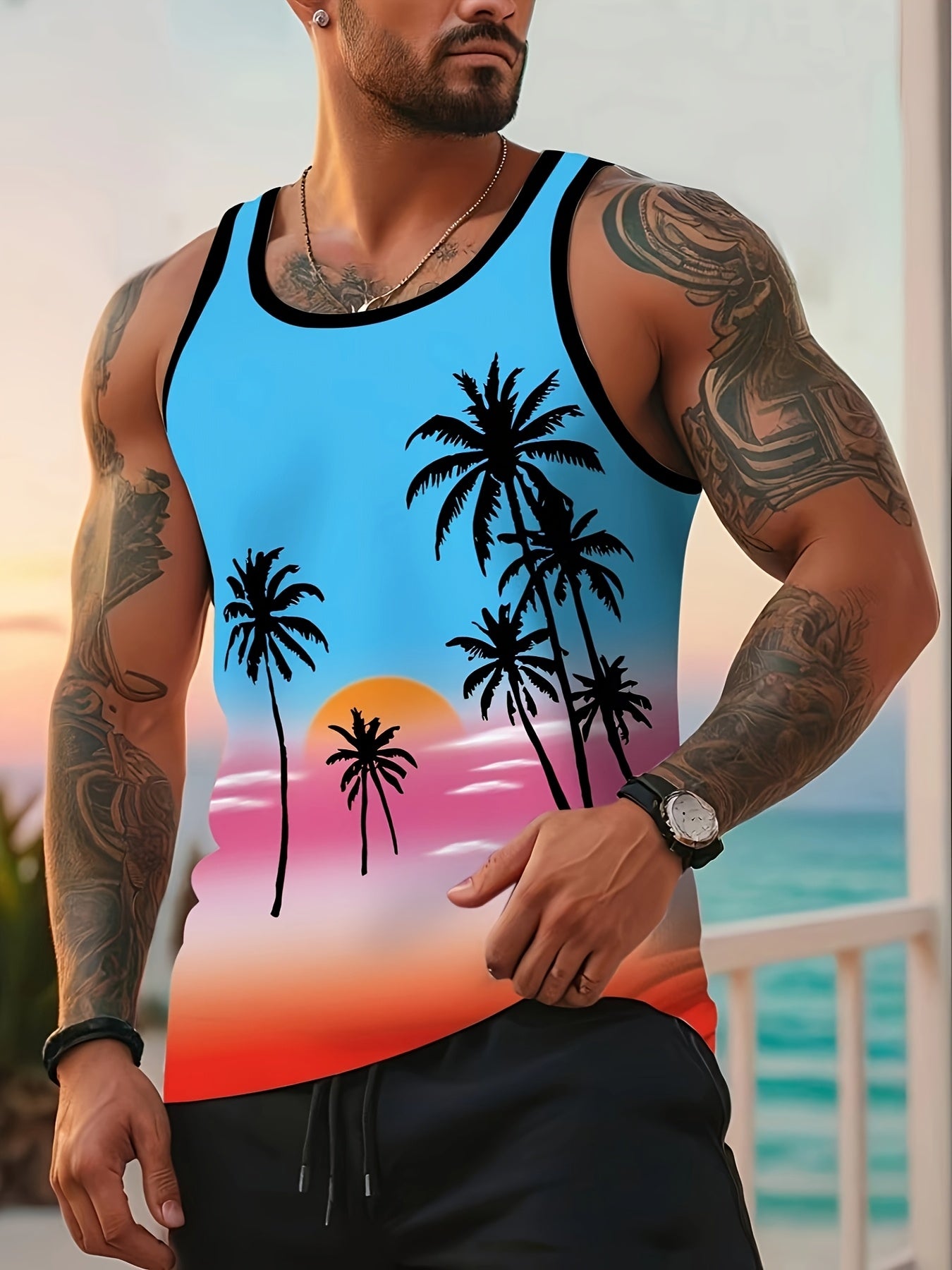 Men'S Stylish Beach Tank Top with Trendy Palm Tree Design. Premium Quality Digital Print.