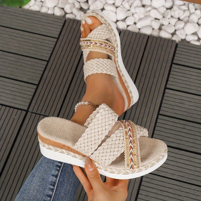 Casual Comfort Wedge Summer Sandals - Women's Platform Slip On Braided Walking Vacation Shoes