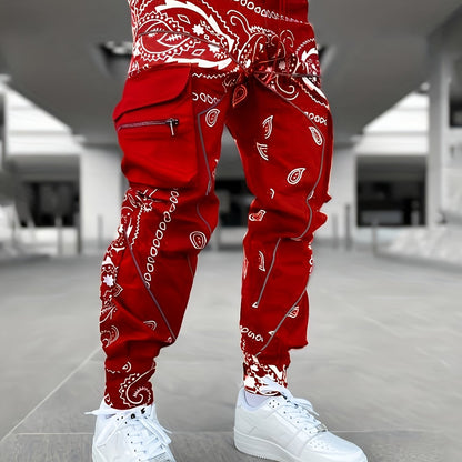 [Multi Pocket Paisley Joggers] Men's Paisley Pattern Multi Pocket Joggers, Casual Sports Pants For Fitness