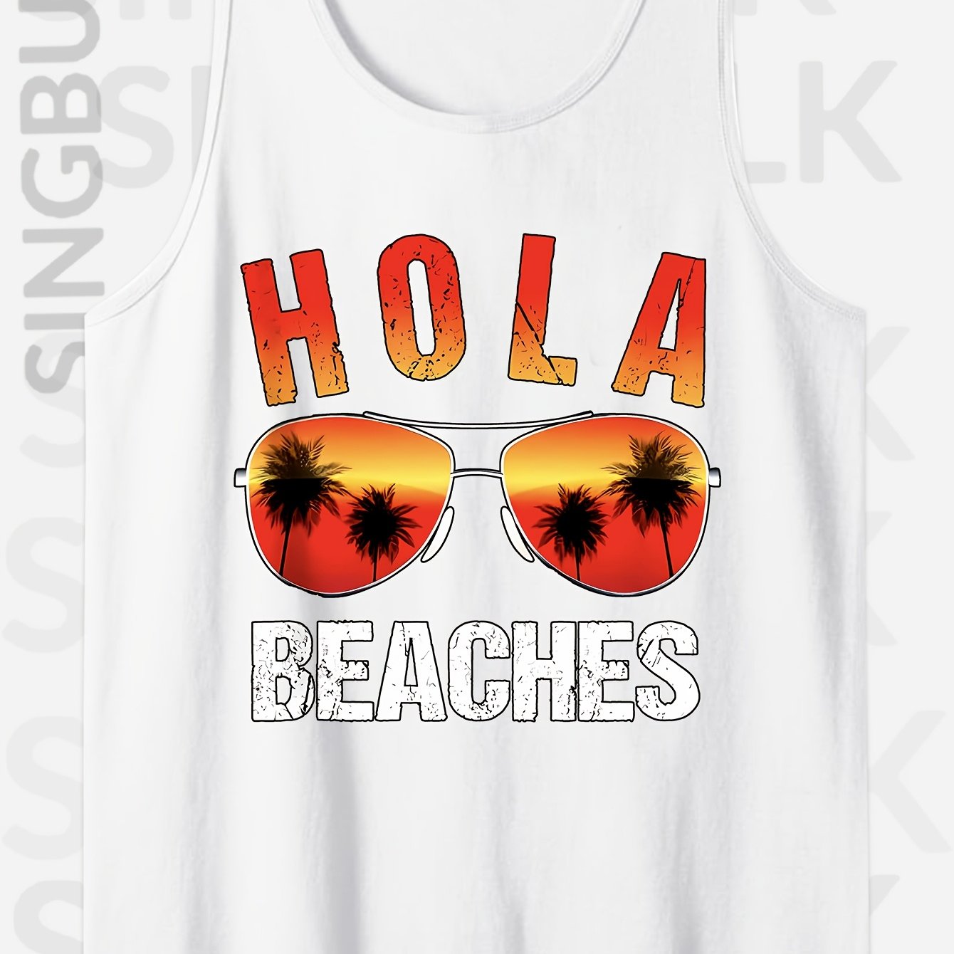 Men's 100% Cotton Sleeveless Tank Top - "HOLA BEACHES" Graphic Print, Casual Round Neck Summer Tee with Palm Tree & Fashion Glasses Design, Loose Fit for Outdoor Leisure, Casual Outings Attire | Playful Print Tee | Loose Fit