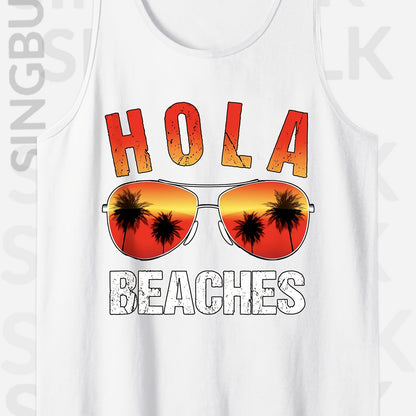 Men's 100% Cotton Sleeveless Tank Top - "HOLA BEACHES" Graphic Print, Casual Round Neck Summer Tee with Palm Tree & Fashion Glasses Design, Loose Fit for Outdoor Leisure, Casual Outings Attire | Playful Print Tee | Loose Fit