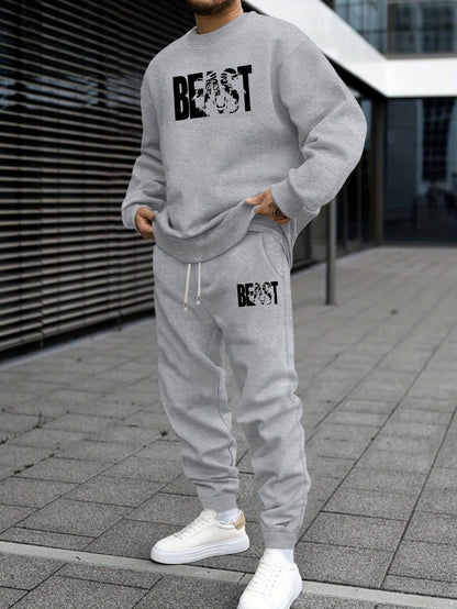 Autumn Beast Animal Pattern Print Men's Sweatshirt Set - Casual Alphabet Print Sweatshirt and Waist Drawstring Trousers