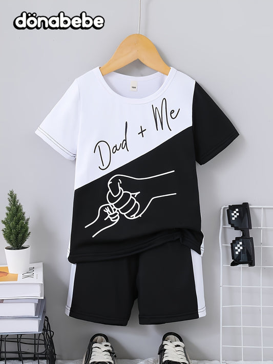 Men's Dad+Me Letter Big Hand Small Hand Pattern Black And White Spliced Contrast Color Short Sleeve T-shirt And Shorts Two-piece Set Holiday Casual Sports Top And Shorts Set 1-8 Years Old Trendy Boy Clothes, Perfect for Outdo