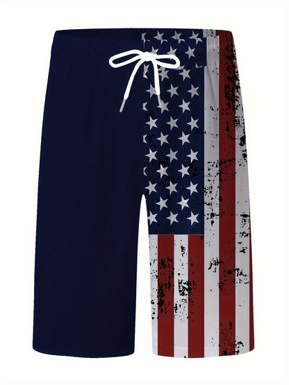 Chic Contrast Color American Flag Pattern Print Shorts - Men's Drawstring Pockets Summer Outdoors Sports Wear