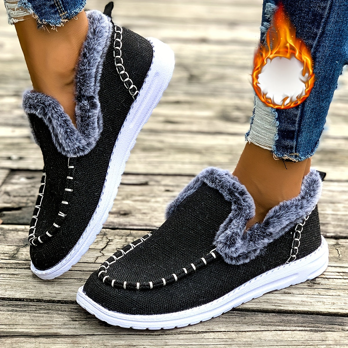 Women's Cozy Winter Slip-On Loafers - Plush Lining, Warm Denim Blue, EVA Sole, Round Toe, Fluffy Fur Trim for Casual Winter Style