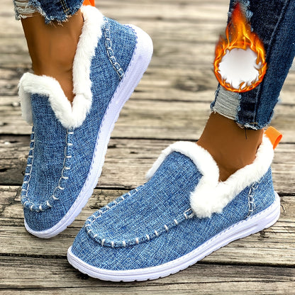 Women's Cozy Winter Slip-On Loafers - Plush Lining, Warm Denim Blue, EVA Sole, Round Toe, Fluffy Fur Trim for Casual Winter Style