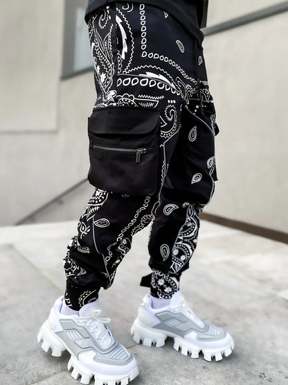 [Multi Pocket Paisley Joggers] Men's Paisley Pattern Multi Pocket Joggers, Casual Sports Pants For Fitness