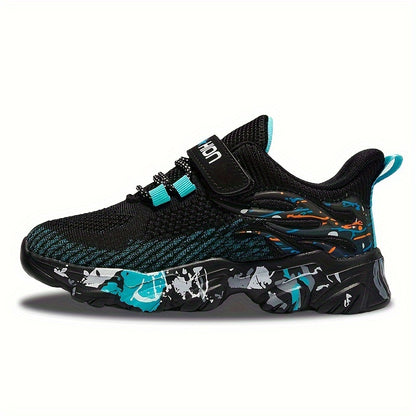 Boy's Trendy Street Style Woven Knit Breathable Sneakers, Comfy Non Slip Soft Sole Hook & Loop Fastener Shoes For Kids Outdoor Activities