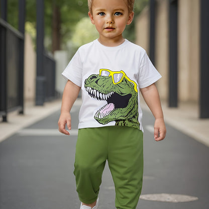 European and American baby boy spring and summer popular glasses dinosaur print T-shirt+pants two-piece set [targeted development]