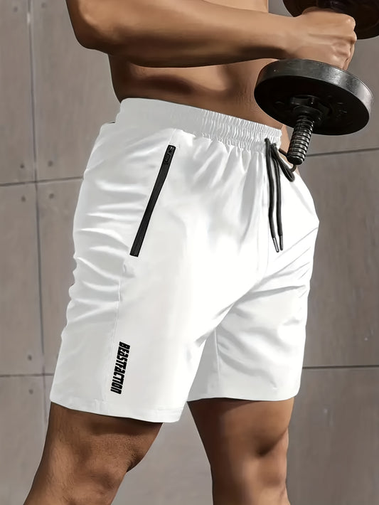 Active Elastic Waist Shorts - Men's Solid Drawstring Shorts With Zipper Pockets For Summer Outdoor Fitness