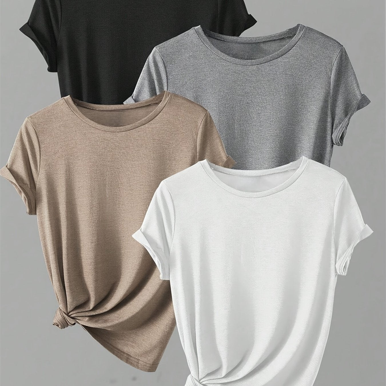 4pcs Spring & Summer Casual Crew Neck Short Sleeve Solid T-Shirt - Women's Clothing