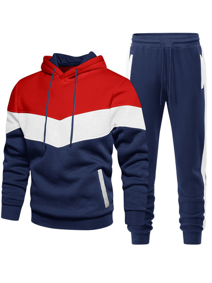 [2-piece Athletic Tracksuit Set] 2-piece Color Block Men's Athletic Tracksuit Set, Casual Long Sleeve Hoodie With Drawstring And Jogging Pants Set For Gym Workout Running