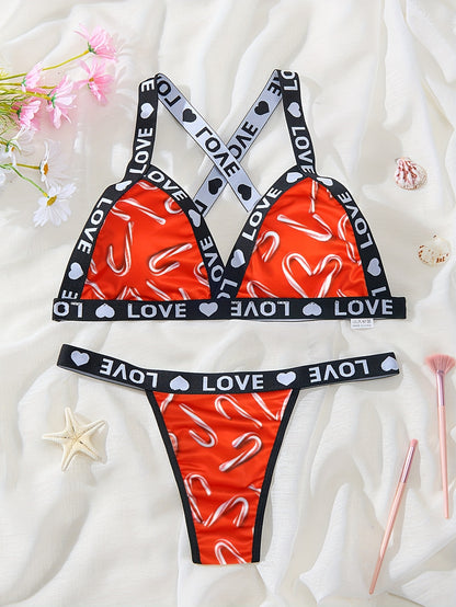 Plus Size Red Candy Print with Love Letter Strap Triangle Bra & Thong, Sporty Style Lingerie Set, Women's Sexy Lingerie & Underwear