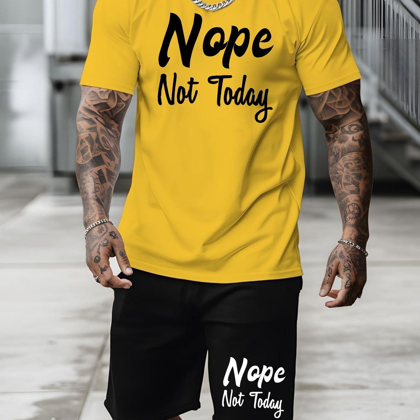 Nope Not Today, Men's 2-piece Casual Sports Suit, Short Sleeved T-shirt & Shorts Set, Breathable Versatile Stylish Suit, Spring Summer Fashion