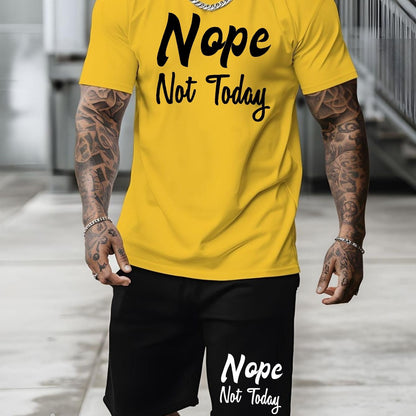 Nope Not Today, Men's 2-piece Casual Sports Suit, Short Sleeved T-shirt & Shorts Set, Breathable Versatile Stylish Suit, Spring Summer Fashion