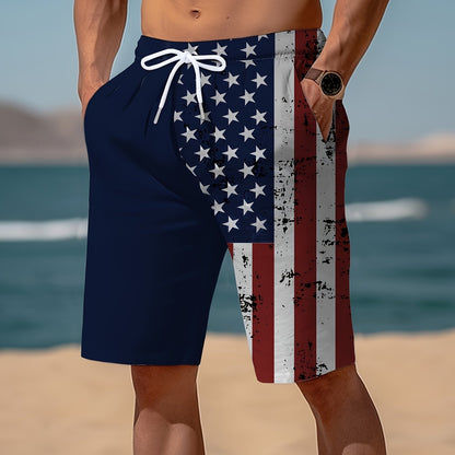 Chic Contrast Color American Flag Pattern Print Shorts - Men's Drawstring Pockets Summer Outdoors Sports Wear