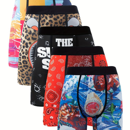 5Pcs Fashionable Print Boxer Shorts for Men - Comfortable, Soft, Breathable, Stylish Underwear with Vibrant Colors and Patterns