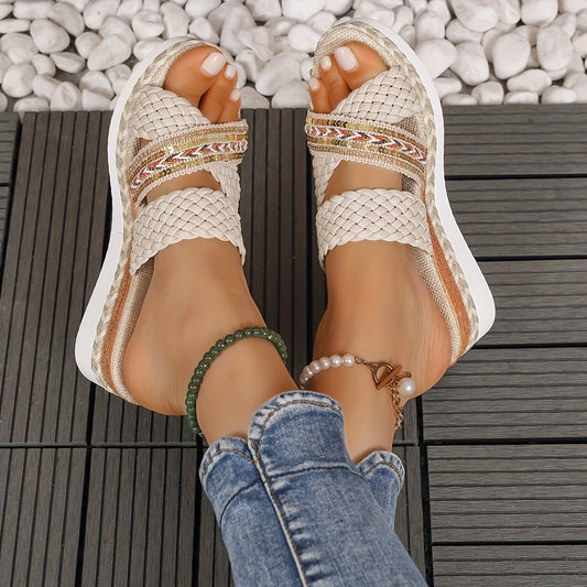 Casual Comfort Wedge Summer Sandals - Women's Platform Slip On Braided Walking Vacation Shoes