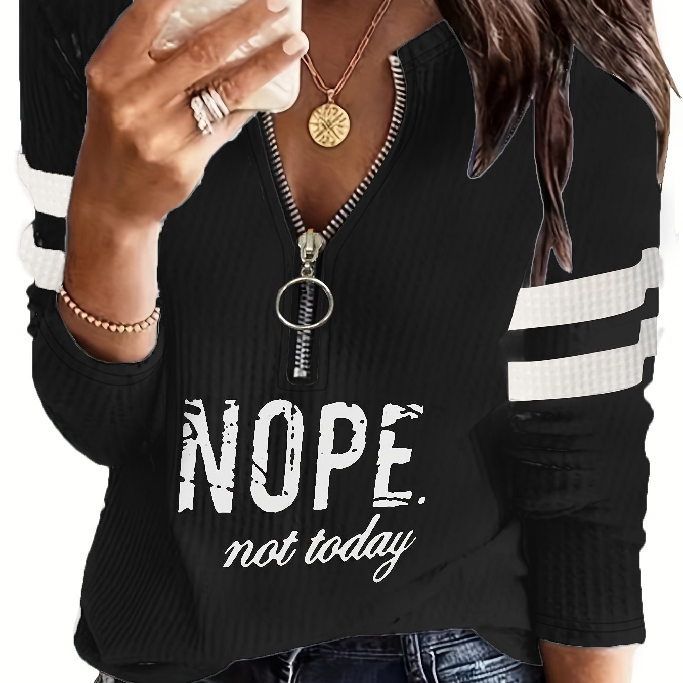 Women's "Nope Not Today" Stripe & Letter Print Zip-Up V-Neck T-Shirt - Casual Long Sleeve Top with Metal Detail, Machine Washable, Polyester Blend, Perfect for Spring & Fall