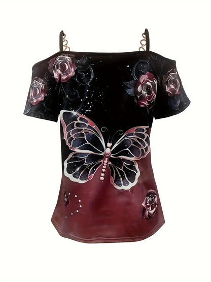 [Summer Perfect Cold-Shoulder Top] Chic Butterfly Print Cold-Shoulder Top - V-Neck, Stretchy Polyester Blend, Machine Washable - Perfect for Summer