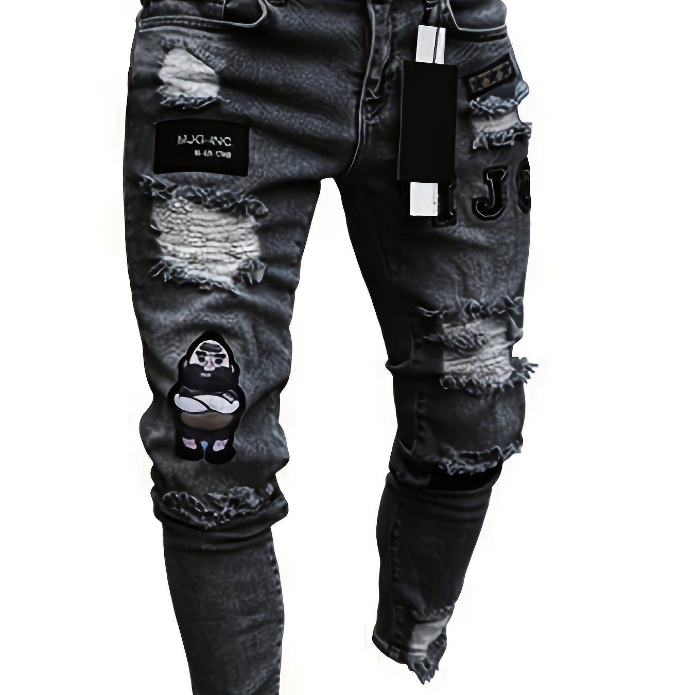 [Skinny Ripped Men Jeans] Men Casual Skinny Ripped Jeans, Stretch Distressed Slim Fit Pants, Destroyed Zipper Holes Embroidery Trousers