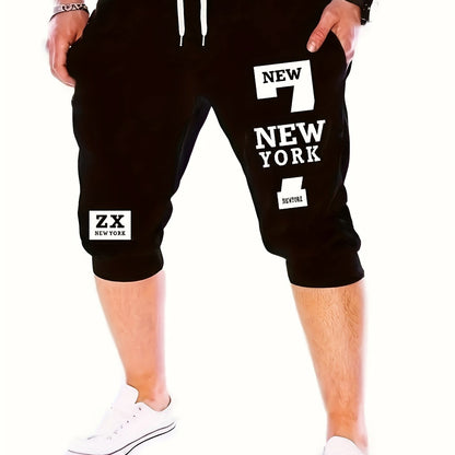 Men's Casual European & American Style Athletic Shorts - Navy Blue with "NEW YORK" Print, Zipper Pockets, 100% Polyester, Machine Washable, Perfect for Streetwear & Jogging