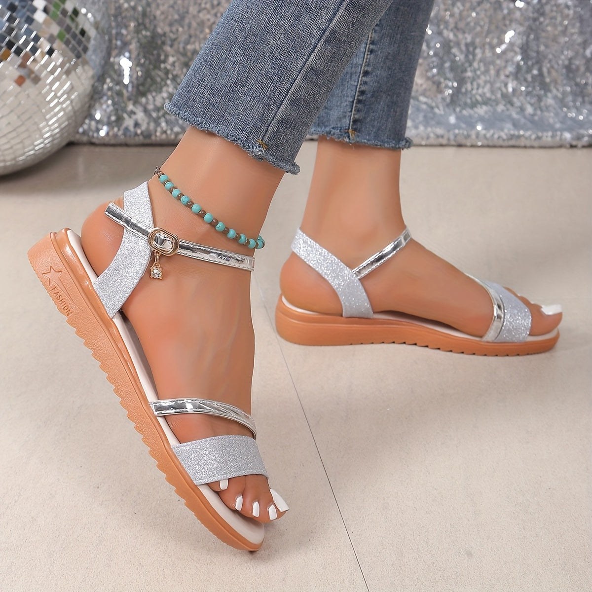 [Low Heel Anti Slip Sandals] Women's Low Heel Flat Sandals, Solid Color Open Toe Outdoor Anti Slip Casual Sandals