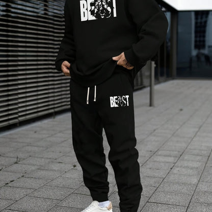 Autumn Beast Animal Pattern Print Men's Sweatshirt Set - Casual Alphabet Print Sweatshirt and Waist Drawstring Trousers