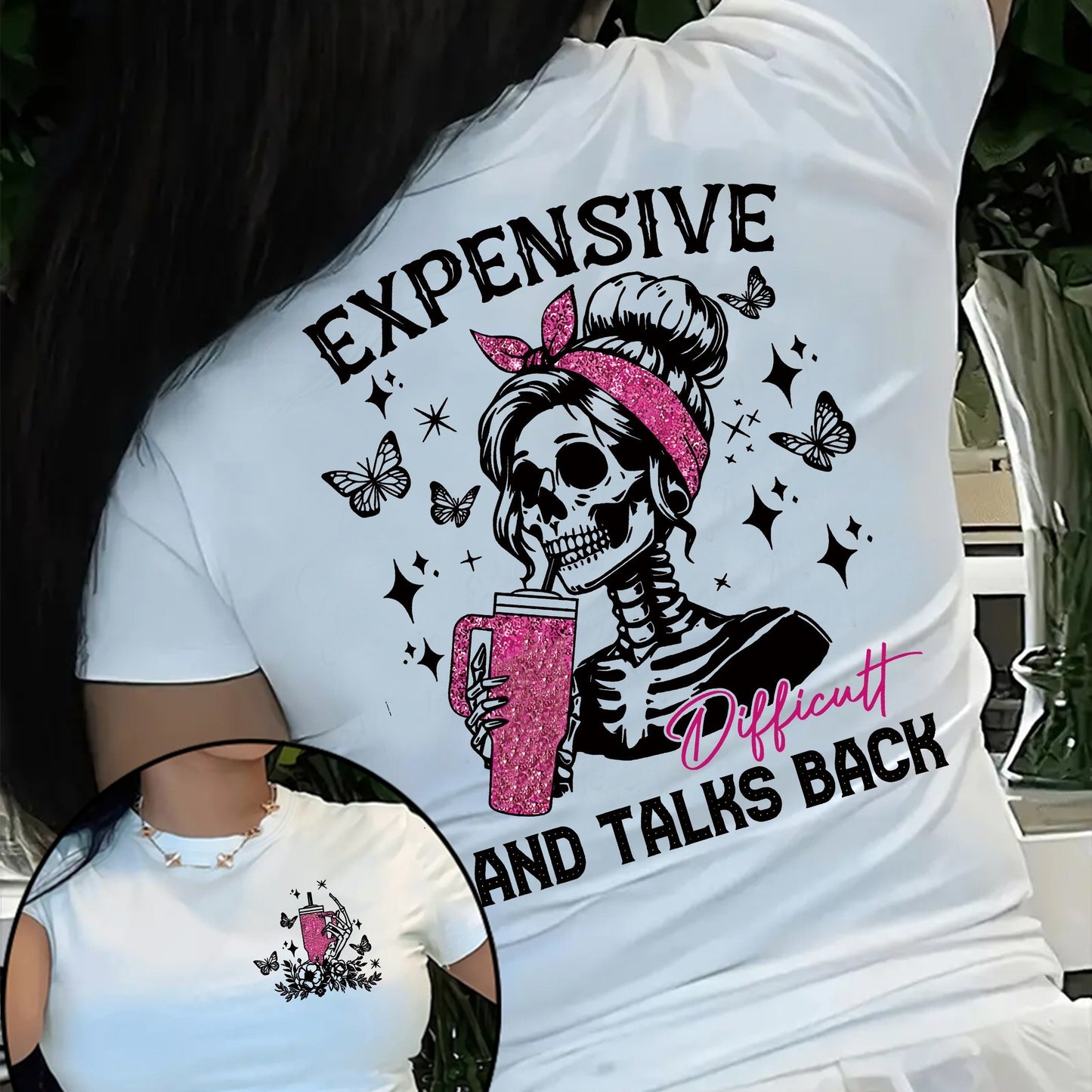 Women's "Expensive and Difficult" Skull Print T-Shirt - Casual White Crew Neck Short Sleeve Top with Pink Hair & Butterfly Design, Breathable Polyester, Perfect for Spring/Summer