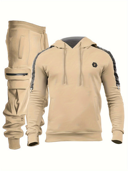 Men's Casual 2pcs Set - High Stretch Sports Hoodie & Multi Pocket Joggers Matching Set For Gym Workout Training - Polyester & Spandex Blend - Suitable for Sports & Casual Wear - Perfect Gift for Fitness Enthusiasts