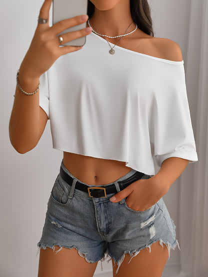 [Polyester Off-Shoulder Crop Top] Breathable Polyester Blend Off-Shoulder Crop Top T-Shirt - Casual Style, Machine Washable, Solid Color, Perfect for All Seasons