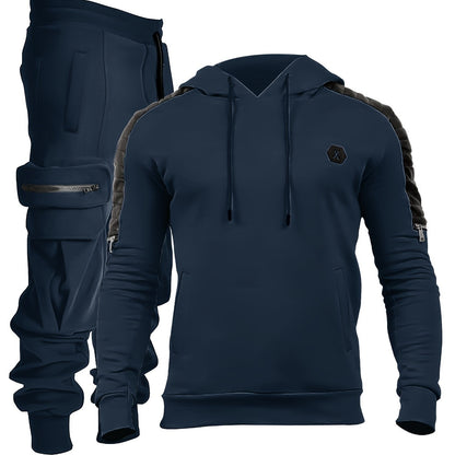 Men's Casual 2pcs Set - High Stretch Sports Hoodie & Multi Pocket Joggers Matching Set For Gym Workout Training - Polyester & Spandex Blend - Suitable for Sports & Casual Wear - Perfect Gift for Fitness Enthusiasts