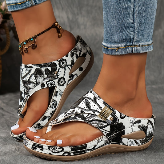 Comfortable Wedge Heeled Sandals - Women's Flower Pattern Clip Toe Platform Shoes, Casual Slip On