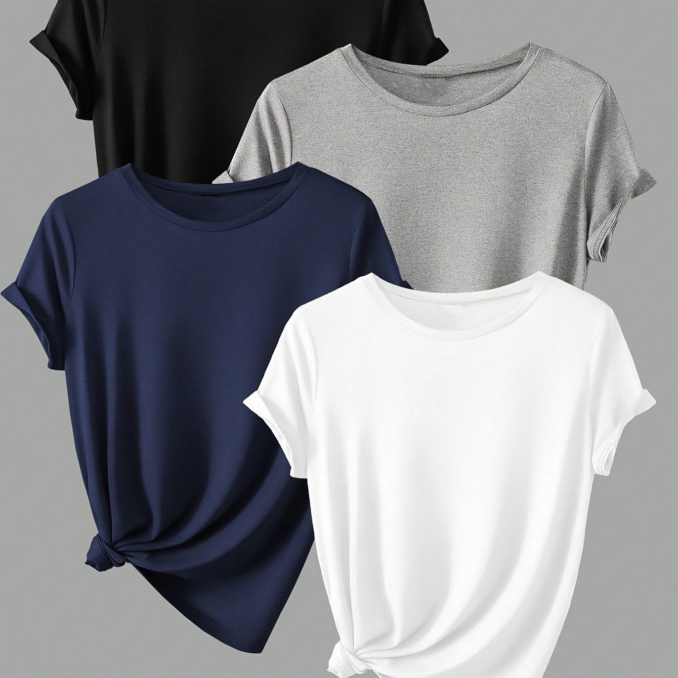 4pcs Spring & Summer Casual Crew Neck Short Sleeve Solid T-Shirt - Women's Clothing